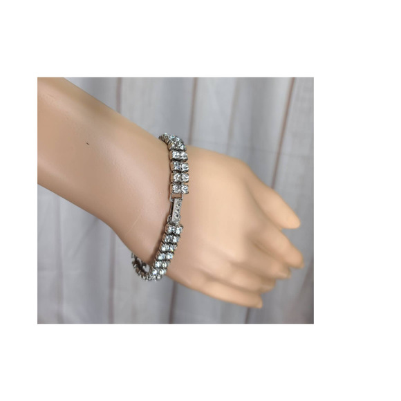 Vintage Garne Jewelry Silver Tone 2/3 Row Rhinestone Bracelet Emerald/Round 7.5 - Picture 6 of 7